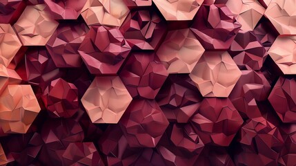 Heavily layered wall design with textured hexagons and diamonds in maroon and peach, creating a dynamic abstract visual.