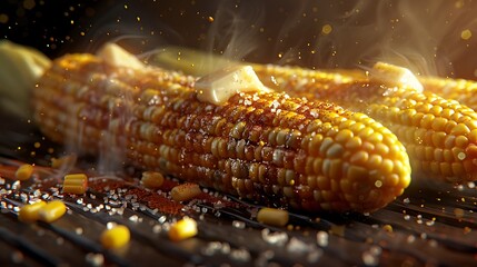 Wall Mural - Grilled corn on the cob with butter melting over it, sprinkled with salt, pepper, and a touch of paprika.