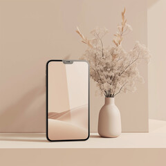 Wall Mural - Smartphone on a white table with decorative vases in natural light