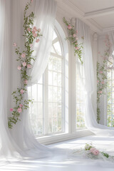 Sticker - Romantic room interior with flowers and flowing curtains