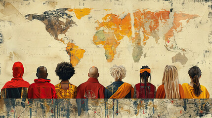 Wall Mural - concept of Belonging Inclusion Diversity Equity DEIB or lgbtq, rear view of group of multicolor painted people of different cultures and skin, on white background	