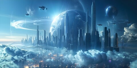 Wall Mural - Futuristic city with spherical ecofriendly skyscrapers skybridges and flying vehicles. Concept Futuristic City Design, Eco-Friendly Skyscrapers, Skybridges, Flying Vehicles, Spherical Architecture