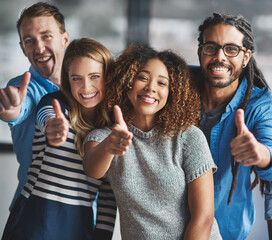 Poster - Team, people and thumbs up in portrait at startup with smile, support and agreement in office. Women, men and excited with emoji, icon and yes symbol at media agency for collaboration in workplace