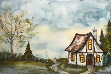 Wall Mural - Stick Style House (Encaustic Painting) - Originated in the United States in the late 19th century, characterized by decorative stickwork on the exterior walls and gables, inspired by the English Arts 