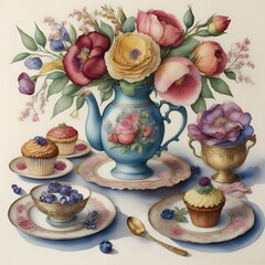 Canvas Print - An artistic depiction of a cupcake, tea, and flowers in a lovely composition