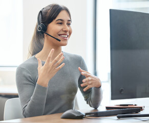 Poster - Call center, talking and woman with headset, computer and customer service in office and hand. CRM, telemarketing and person with tech support, speaking and agent on desk in agency and working