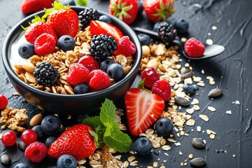 Wall Mural - A bowl of cereal with strawberries, blueberries, and raspberries