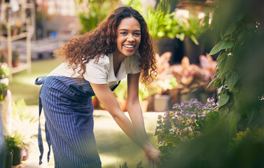 Wall Mural - Woman, happy and florist business or portrait, botanical and sustainable startup with employee and nature plants. Smile, growth and eco friendly gardener, flower nursery and commercial gardening