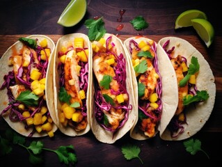 Poster - A plate of food with five tacos and a lime on top