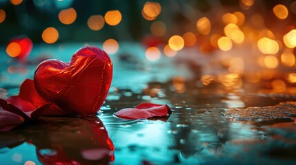 Wall Mural - A heart made of red foil sits on a wet surface