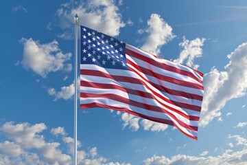 Wall Mural - The American flag is flying high in the sky, with white clouds in the background Generative AI