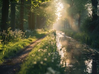 Poster - A forest path with a stream running through it