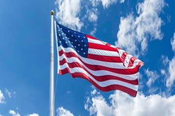 Wall Mural - The American flag is flying high in the sky, with blue skies and white clouds behind it Generative AI