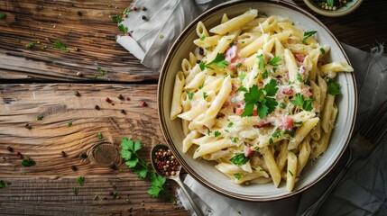 Wall Mural - A mouth-watering serving of Penne carbonara, perfectly cooked and presented on a rustic wooden table
