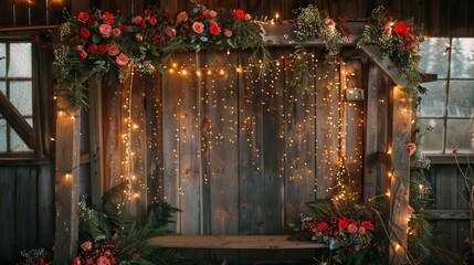Poster - A wooden frame with lights and flowers is lit up