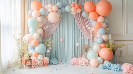 Sticker - A room with a blue curtain and pink and blue balloons