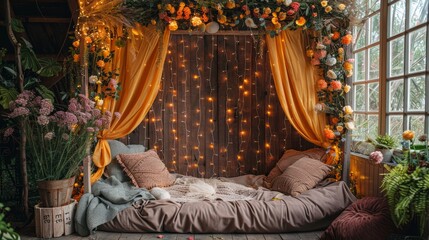 Poster - A bed with orange curtains and pillows