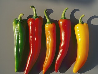 Wall Mural - A row of peppers with one being green, two being red, and two being yellow