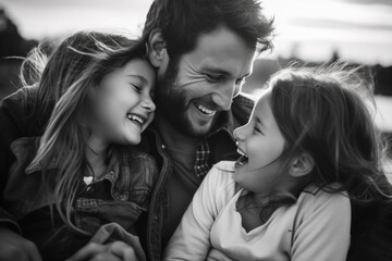 A man and two children are sitting together and smiling