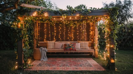 Poster - A small gazebo with a red and brown rug and a white pillow