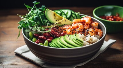 Wall Mural - A bowl of food with shrimp, avocado, and rice. The food looks healthy and colorful