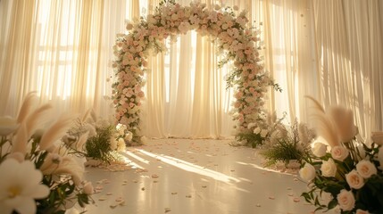 Poster - A wedding ceremony is taking place in a large room with a white curtain