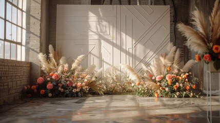 Aufkleber - A white wall with a floral arrangement in front of it