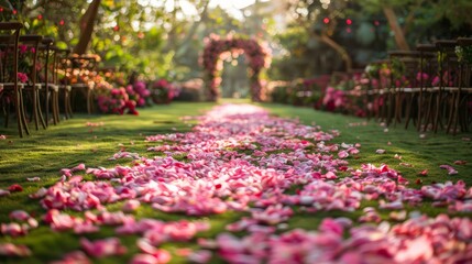 Poster - A wedding ceremony is taking place in a garden with a pink archway