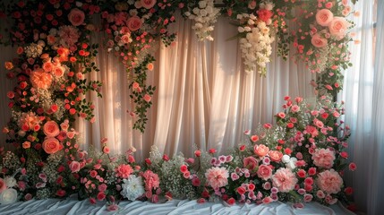 Poster - A large floral arrangement with pink and white flowers is displayed in a room