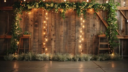 Poster - A wooden wall with a floral archway and lights