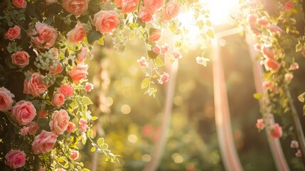 Aufkleber - A beautiful garden with pink flowers and a white ribbon