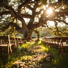 Poster - A large tree with a gazebo in the middle of a field