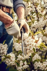 Wall Mural - A man is cutting flowers with a pair of scissors. The flowers are white and are in a garden