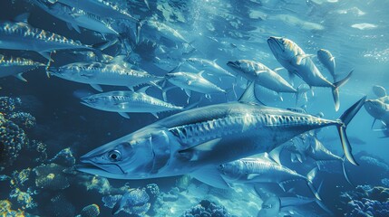 A school of sleek barracuda patrolling the reef edge, their sharp teeth glinting menacingly in the sunlight as they search for prey.