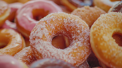 Poster - A pile of donuts with powdered sugar on top. The donuts are of different colors and sizes