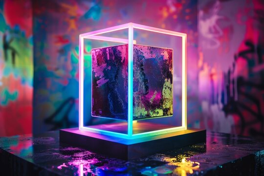 Modern neon light cube art with vivid graffiti backdrop creates a dynamic, artistic scene