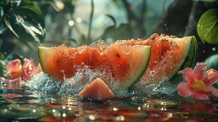 Juicy slices of watermelon. Red watermelon, fresh fruit. Created with Generative AI