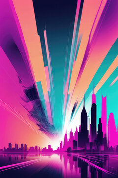 Colorful neon vibrant silhouette of the modern city on the gradient background.