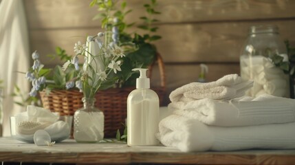 Wall Mural - A table with a bottle of lotion, a basket of flowers, and a stack of white towels