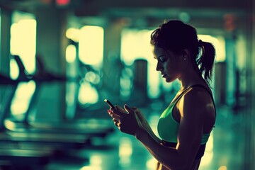 Wall Mural - A woman is using her cell phone while standing in a gym. She is wearing a green tank top and she is focused on her phone