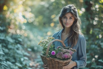 Canvas Print - A woman is holding a basket of flowers in a forest. She is smiling and she is enjoying the moment