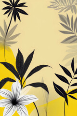 Wall Mural - Vibrant arrangement of exotic plants on yellow background, tropical green palm leaves.