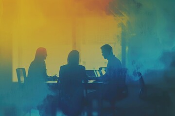 Poster - A group of people are sitting around a table, with one person holding a pen. Scene is professional and focused, as the people are likely discussing work-related topics