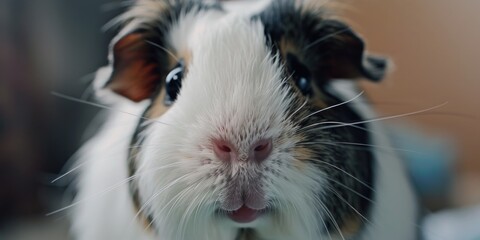 Wall Mural - A small brown and white animal with a pink nose. It is looking at the camera. The animal is a guinea pig