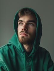 Poster - A man with a beard and green hoodie is looking at the camera. The image has a calm and relaxed mood