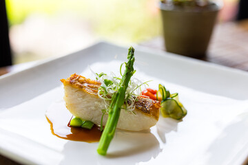 Poster - Grill fish with asparagus in fine dinning restaurant