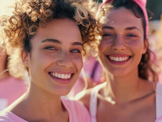 Wall Mural - Two women smiling at the camera. One of them has a pink shirt on. They are posing for a picture