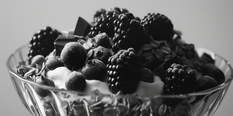 Poster - A bowl of fruit with blackberries and blueberries. The bowl is made of glass and is filled with a mixture of fruit and granola