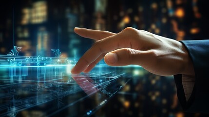 Human hand interacting with futuristic digital interface, representing digital transformation and metaverse concepts. Connection to next-generation technology and innovative advancements in the new er