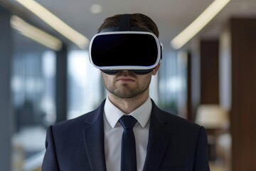 Wall Mural - A man in a suit and tie is wearing a virtual reality headset. He is looking at the camera with a serious expression. Concept of technology and innovation